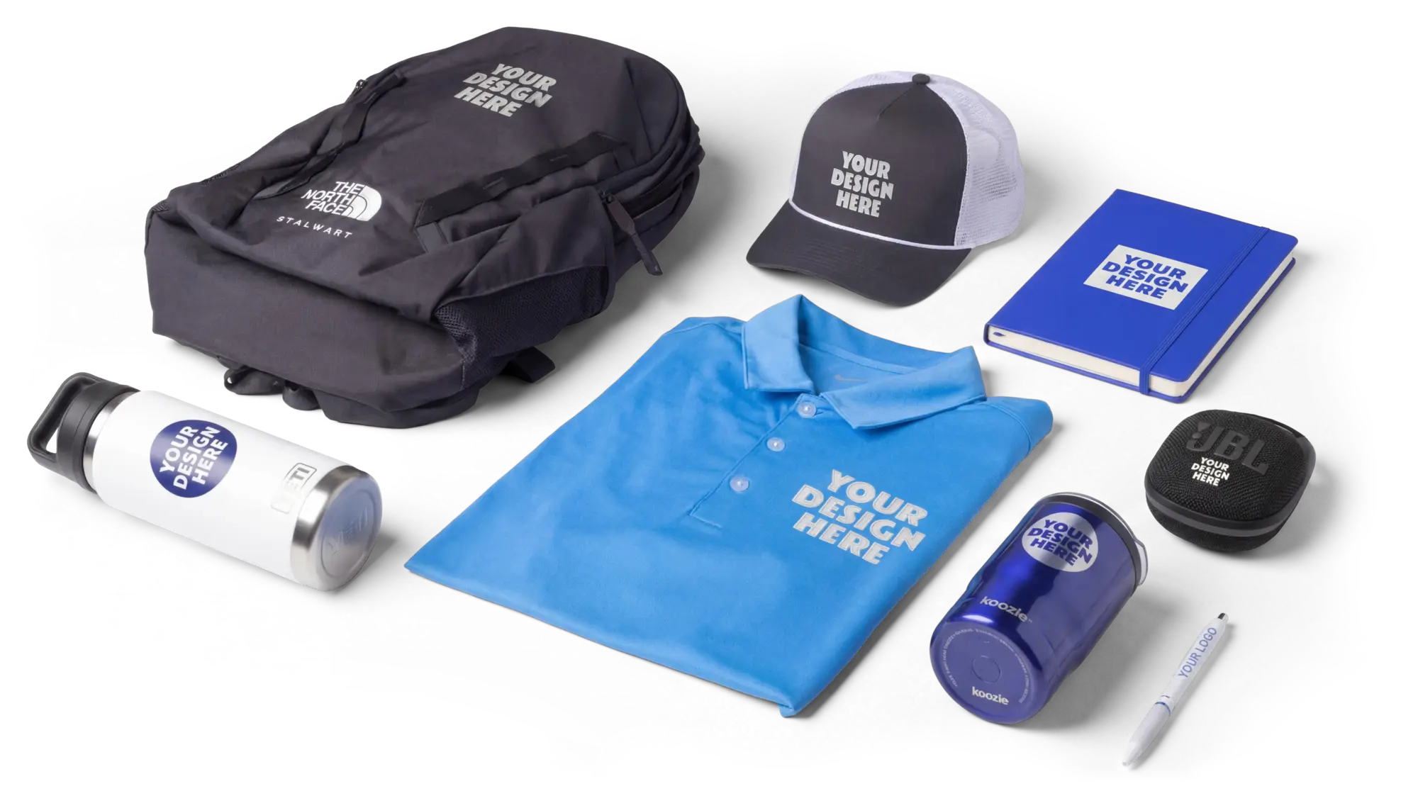 Custom branded apparel and promotional products — backpack, polo, hat, water bottle, notebook, koozie, and more